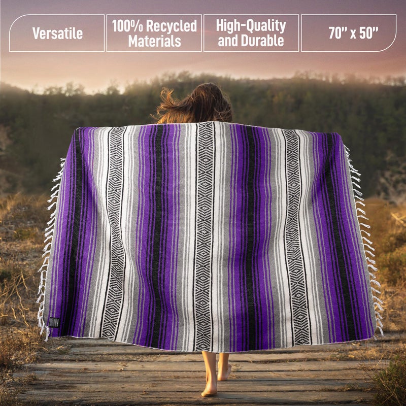 Hydration Nation Authentic Extra Large Mexican Blanket (70"x50") - Handwoven Yoga, Serape - Artisanal Falsa, Beach, Camping, Picnic, Outdoor (Purple) - Image 4